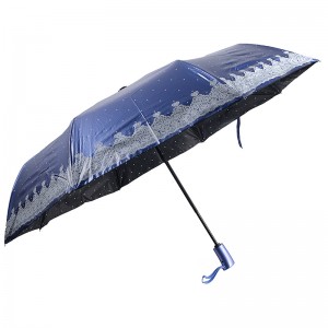 Spezielles Material blaue Farbe UV-Beschichtung 3-fach Regenschirm zum automatischen Öffnen und Schließen